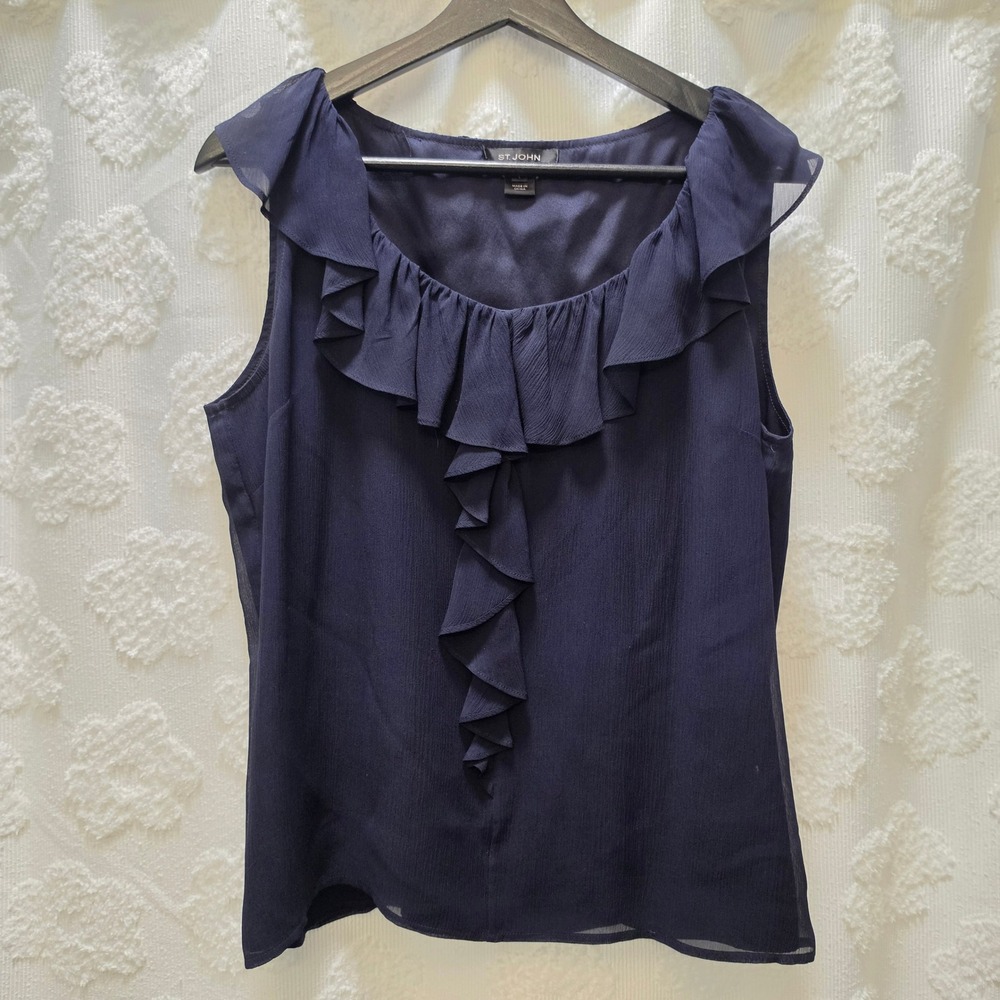 St John Navy Blue Ruffle Front‎ Silk Chiffon Sleeveless Blouse Top Large